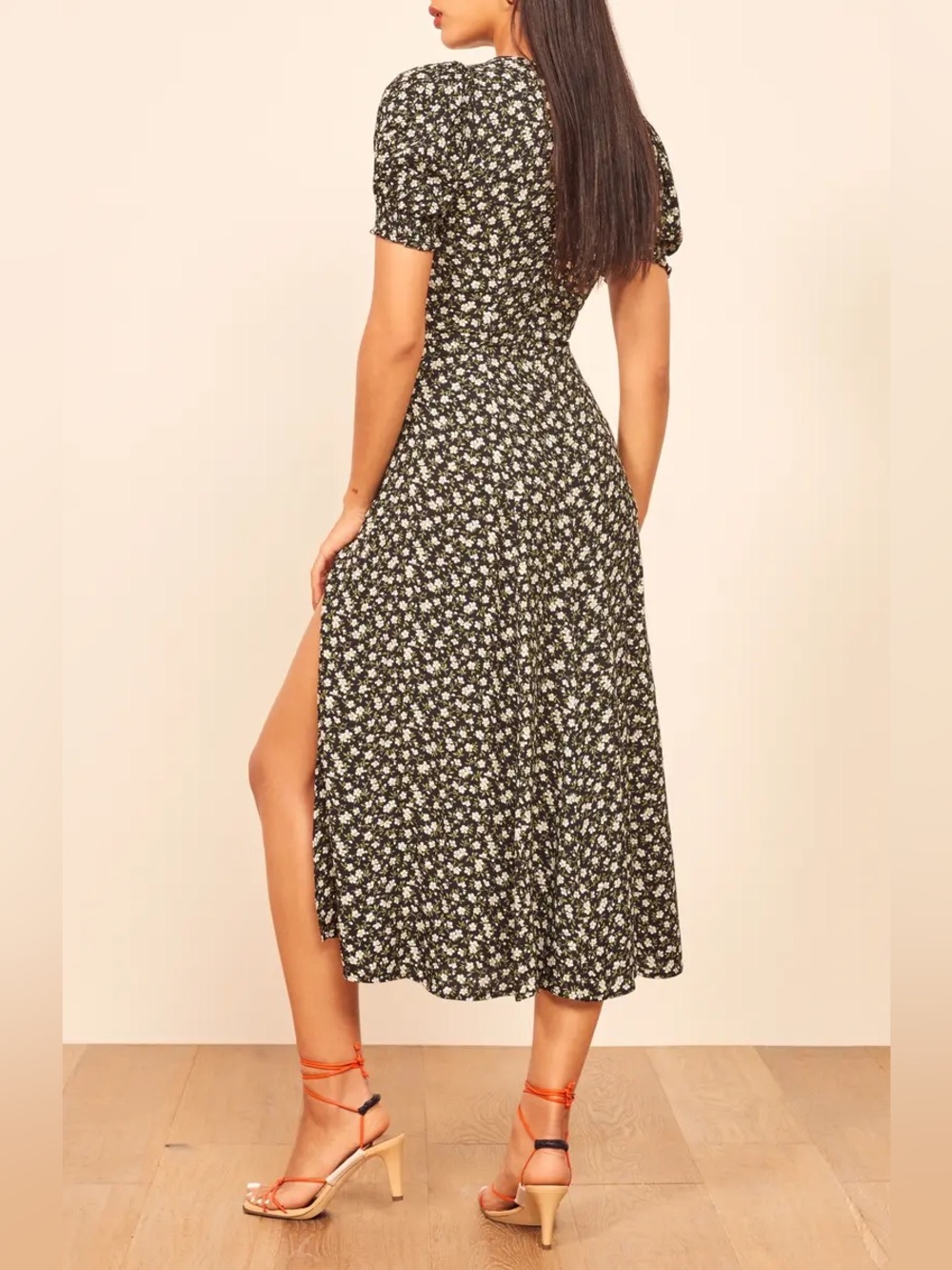 Reformation Lacey Smocked Sleeve Midi Dress Sweetheart Neckline Size 16 - Picture 4 of 10